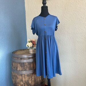 Button-Front Blue Midi Dress with Flutter Sleeves